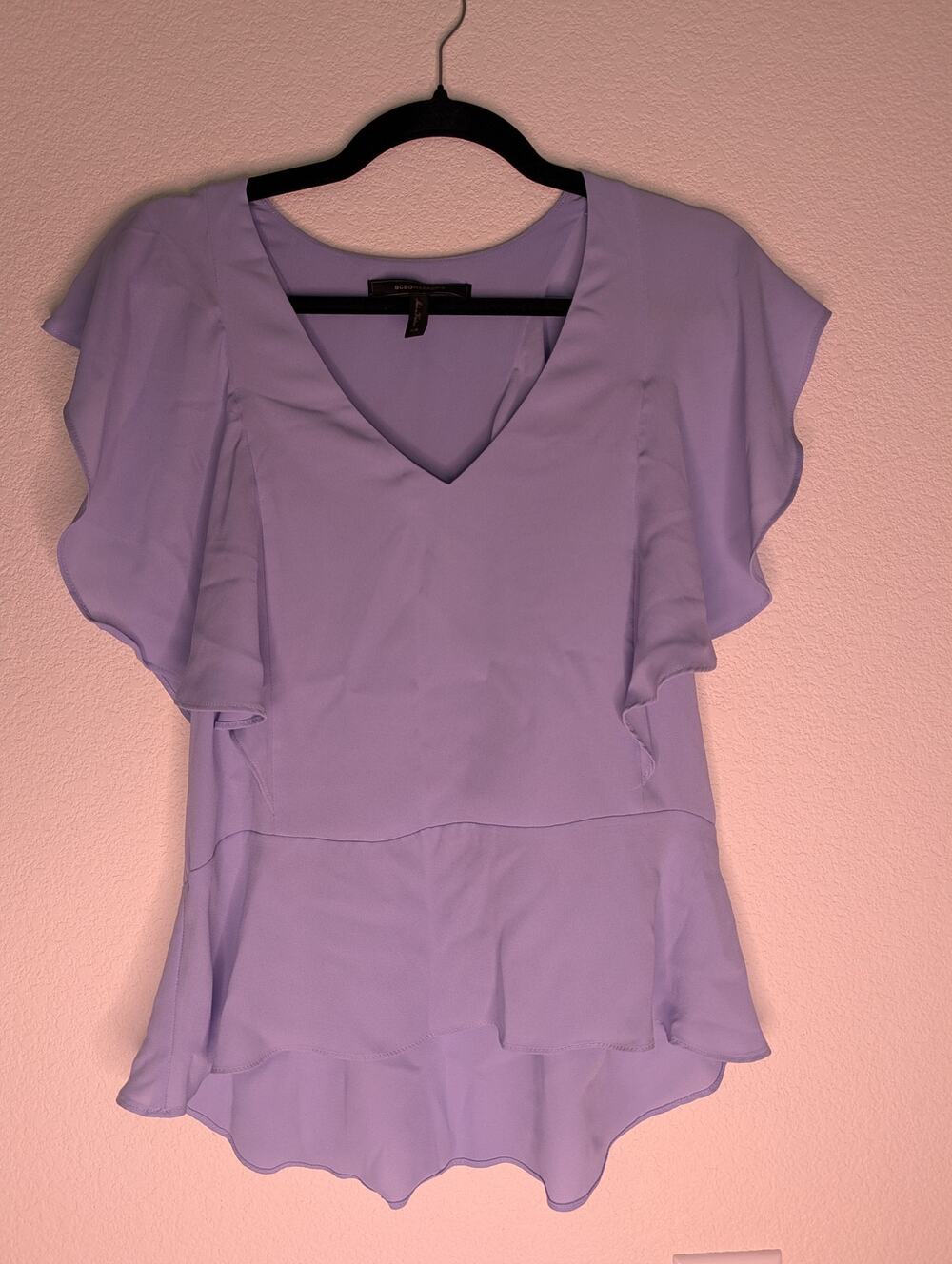 BCBG Maxazria Women's Chiffon Ruffle Blouse XS Blue Soft Coquette Chic Office